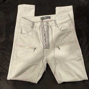 Brand new steel grey vegan suede lace up leggings, size 6